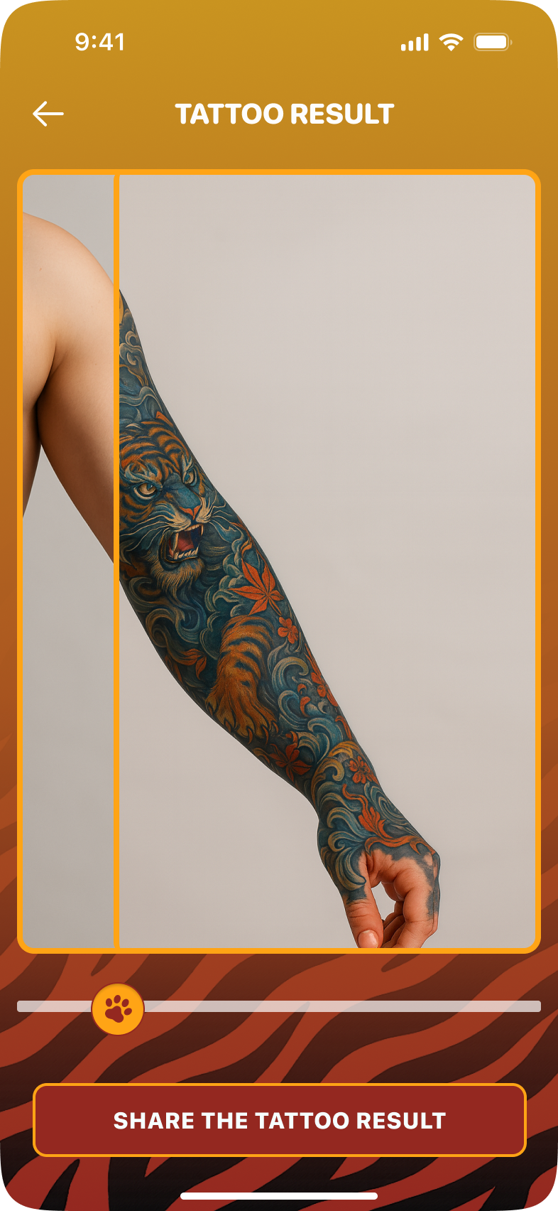 Before and after preview of a tiger tattoo on the wrist